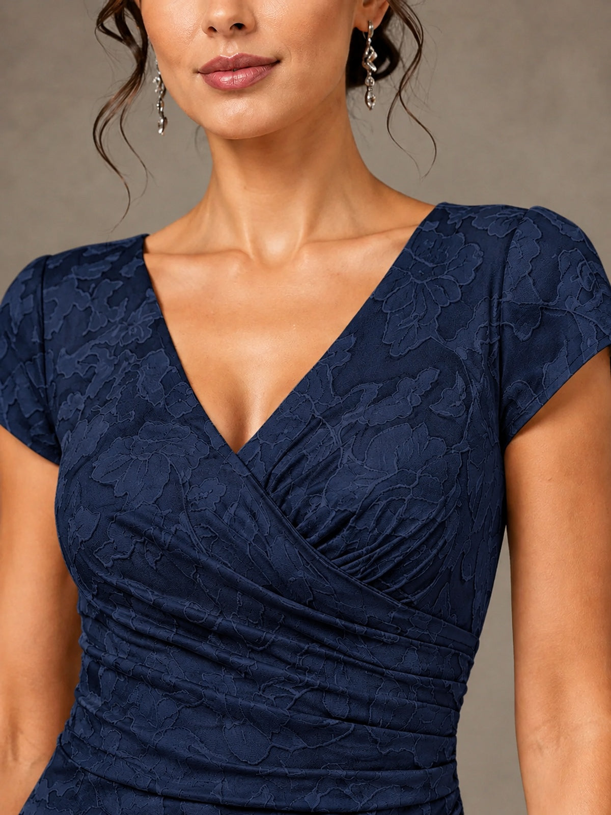 V-Neck Floral Jacquard Mother of the Bride Dress with Slit