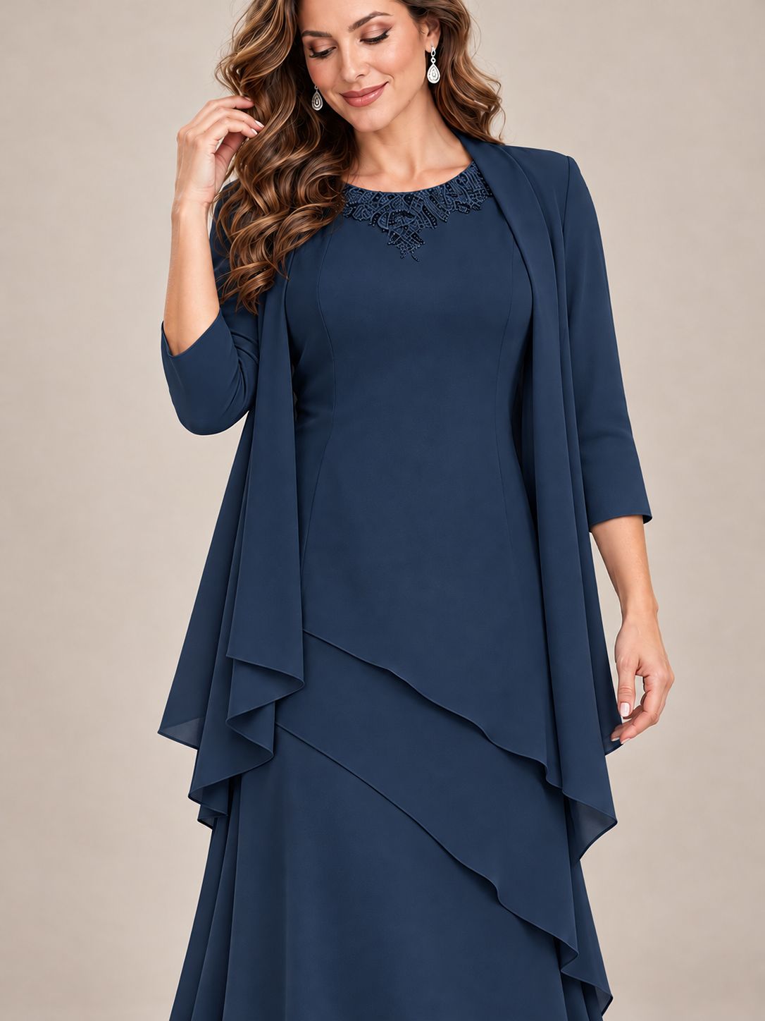Dusty Blue Two-Piece Chiffon Mother of the Bride Dress with Jacket