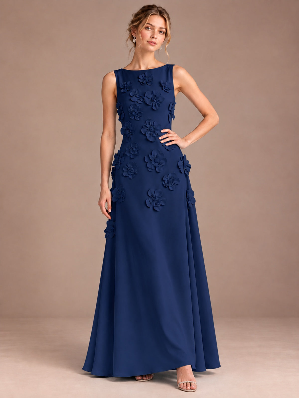 3D Floral Applique Sleeveless Formal Maxi Dress