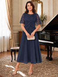 Tea-Length Chiffon Mother of the Bride Dress with Sequin Lace Sleeves