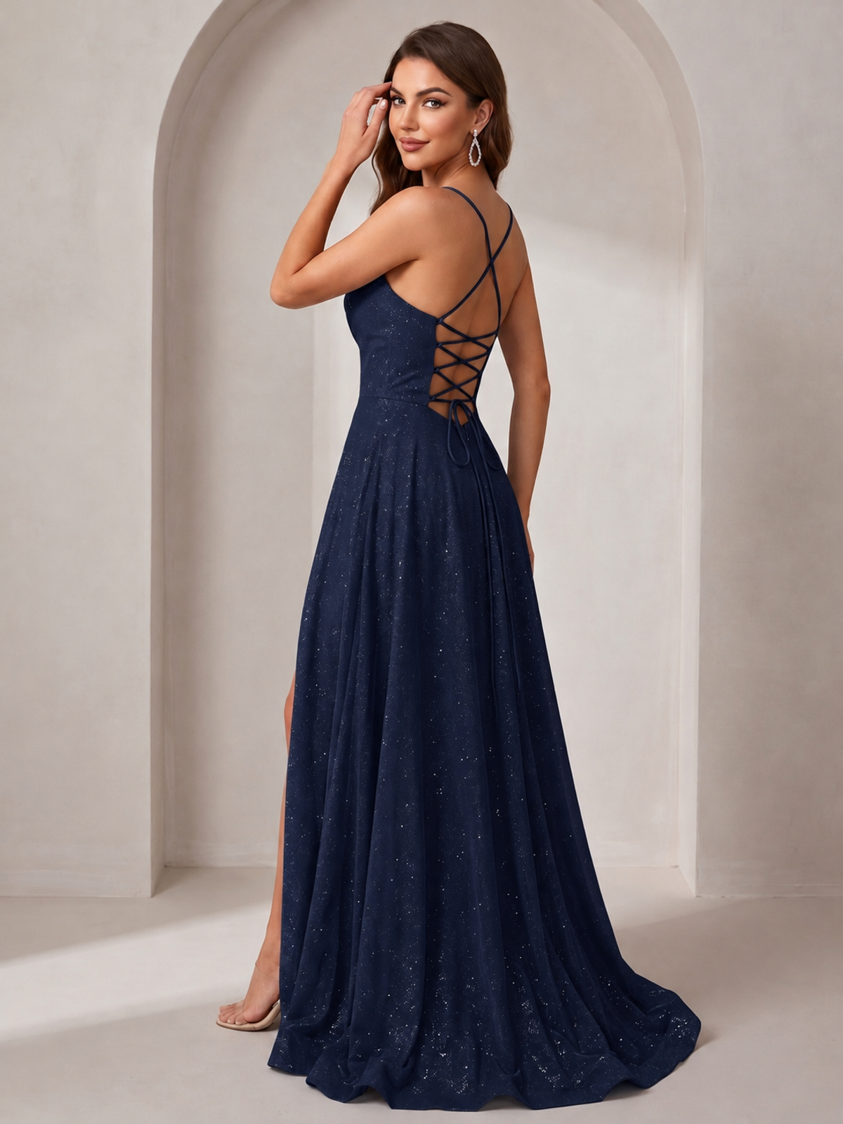 Sparkly Cowl Neck Corset Long Prom Dress with Slit A-line Tulle Ball Gown