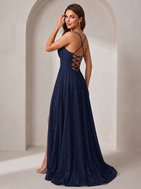 Sparkly Cowl Neck Corset Long Prom Dress with Slit A-line Tulle Ball Gown