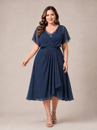 Navy Blue A-Line V-Neck Tea-Length Mother of the Bride Dress