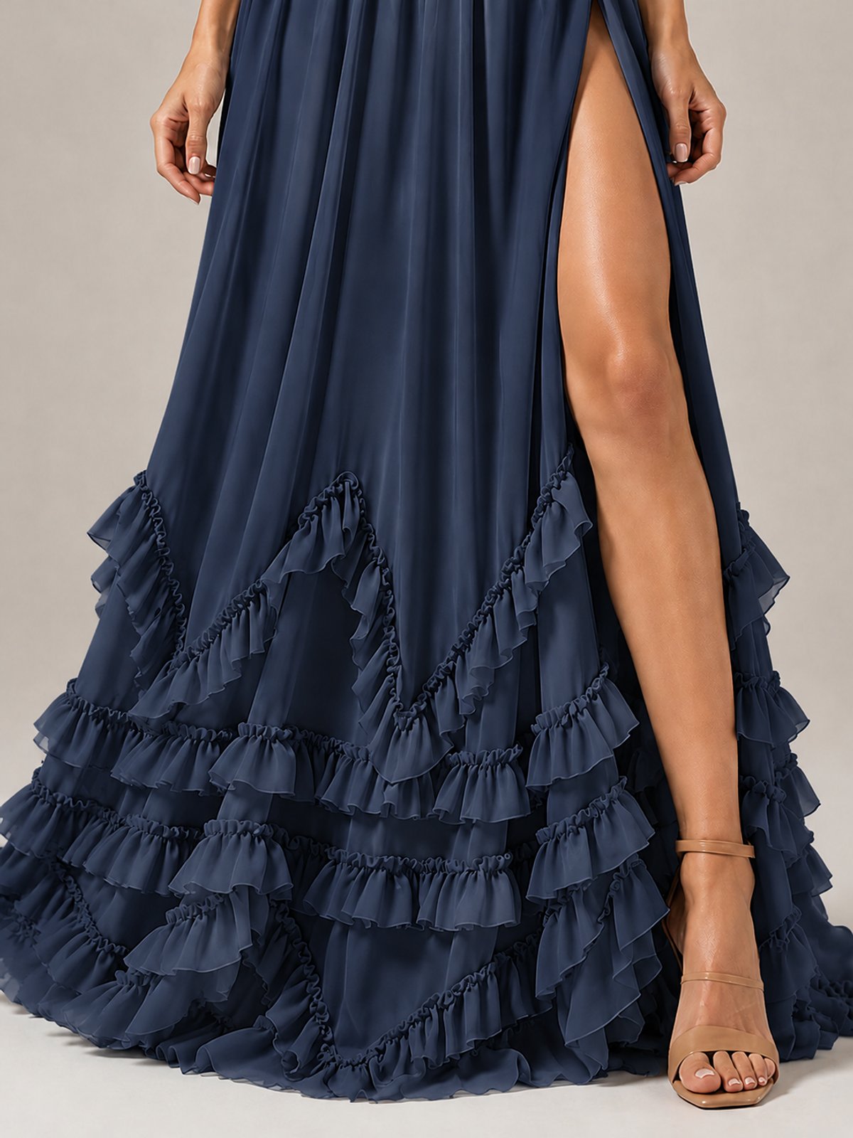 Halter V Neck Chiffon Formal Dress with Lace-Up Back and Ruffle Hem