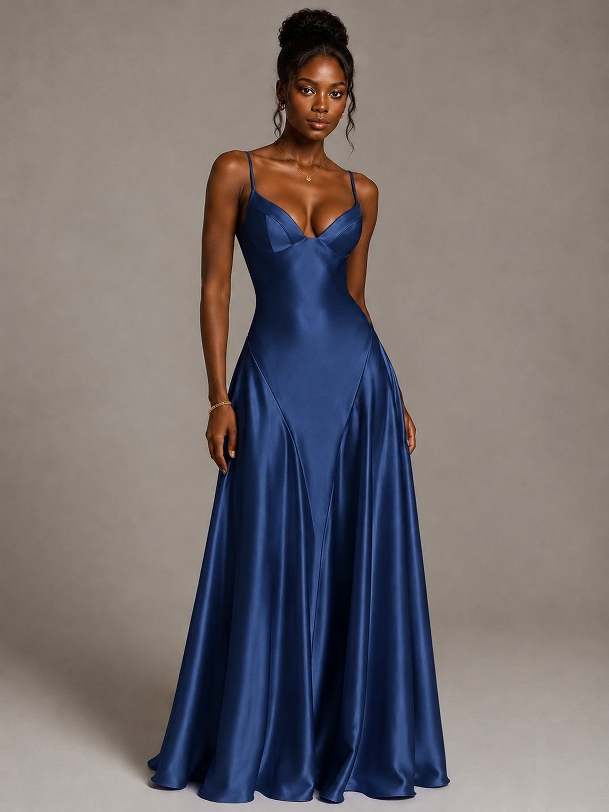 Lavender V Neck Satin Prom Dress with Spaghetti Straps