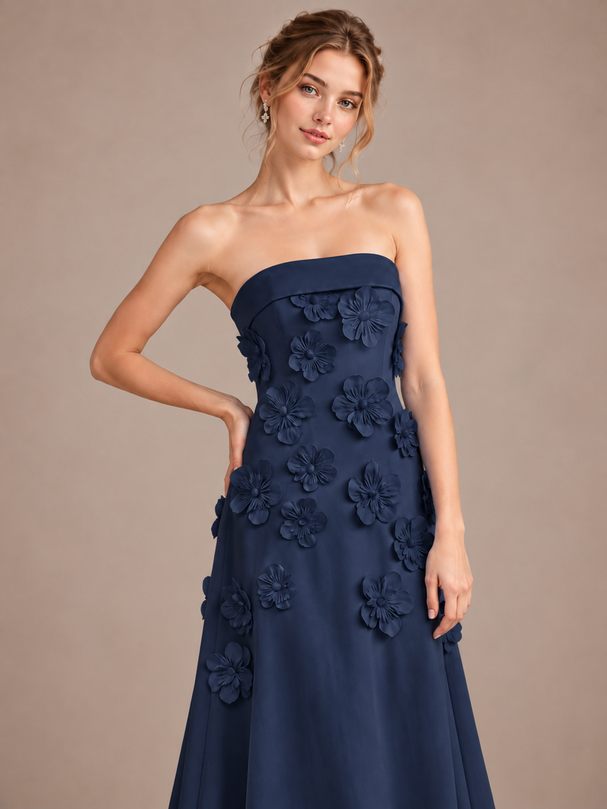 Yellow Strapless 3D Floral Appliques Maxi Dress