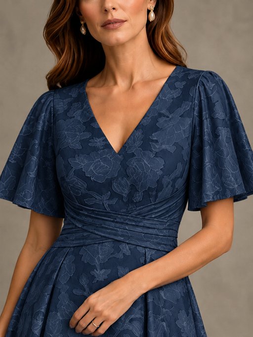 V-Neck Floral Jacquard Tea-Length Mother of the Bride Dress