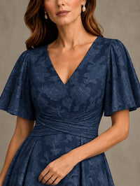 V-Neck Floral Jacquard Tea-Length Mother of the Bride Dress