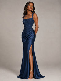 Scoop Neck Sequin Prom Dress with High Slit Satin Formal Gowns