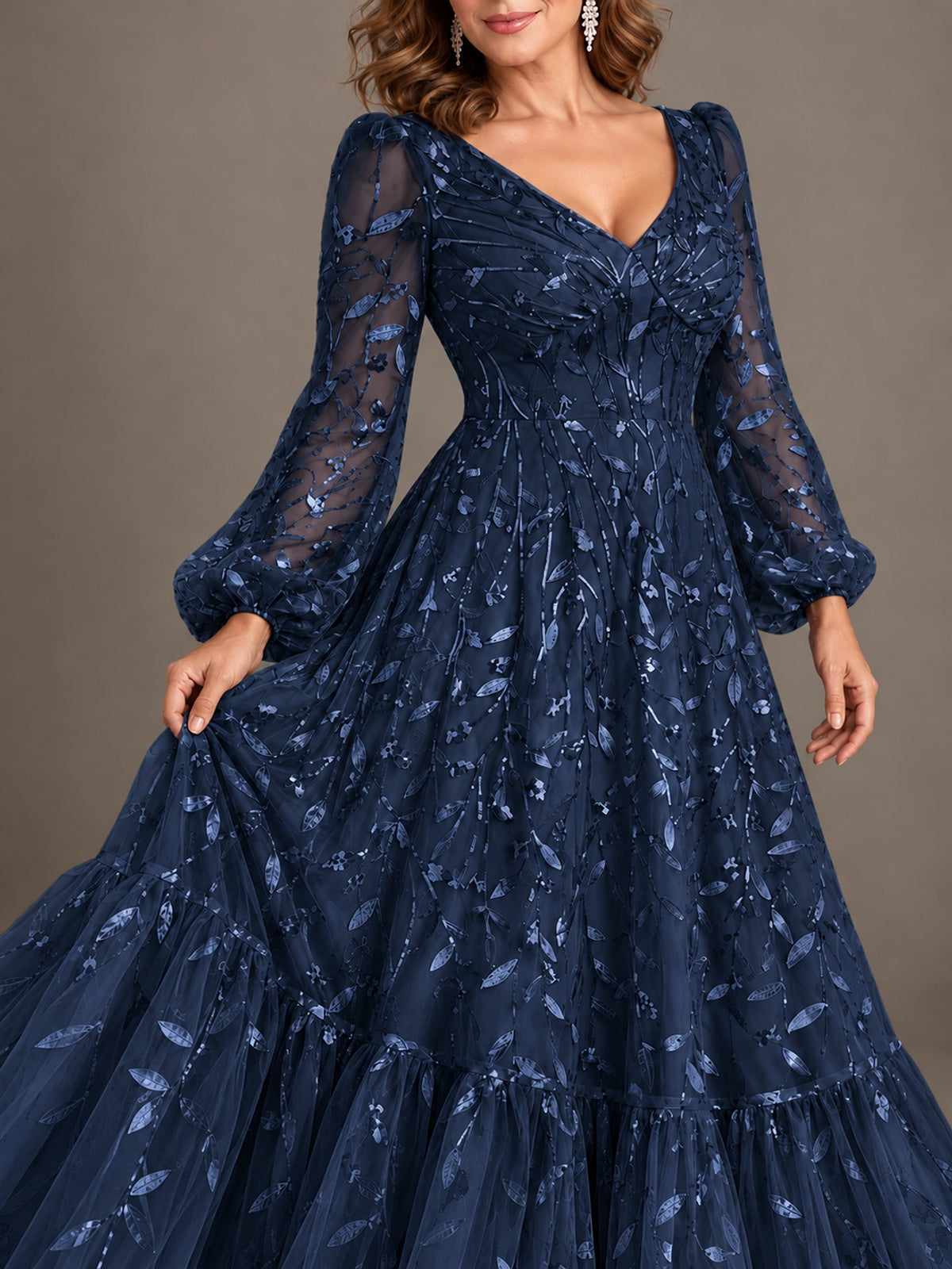 Floral Sequin Embroidered A-Line Mother of the Bride Dress with Long Sleeves