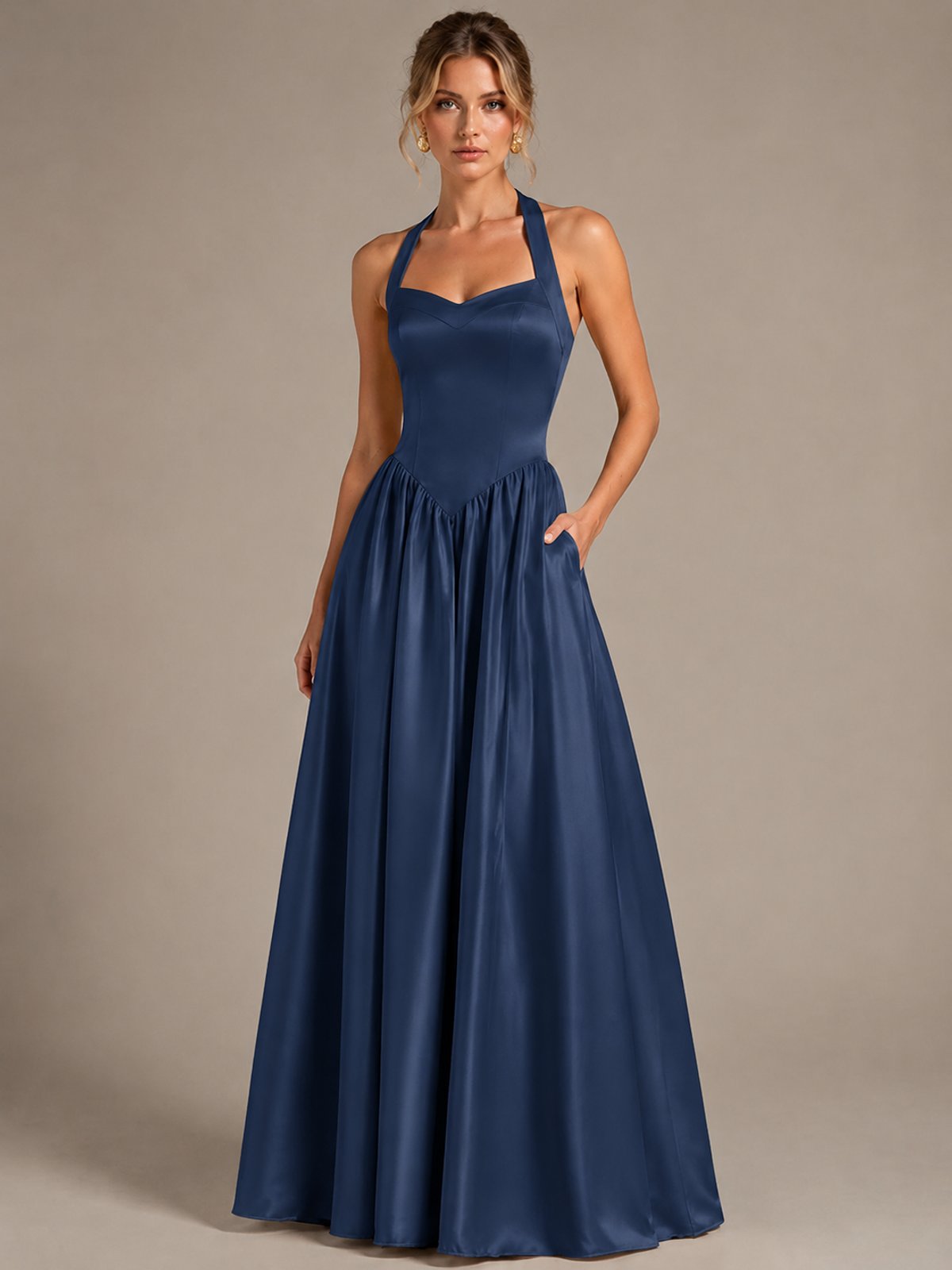 Light Yellow Halter Neck Satin A-Line Maxi Dress with Pockets