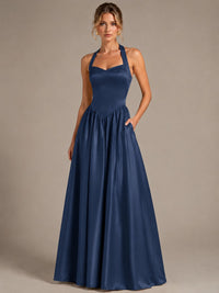 Light Yellow Halter Neck Satin A-Line Maxi Dress with Pockets