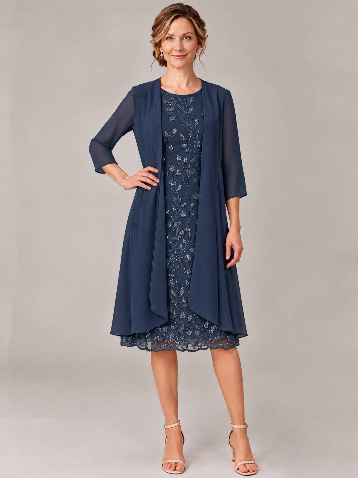 Tea Length Sequin Lace Mother of The Bride Dress with Chiffon Jacket