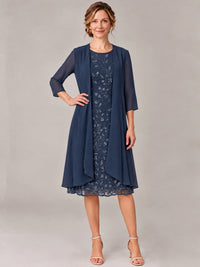 Tea Length Sequin Lace Mother of The Bride Dress with Chiffon Jacket
