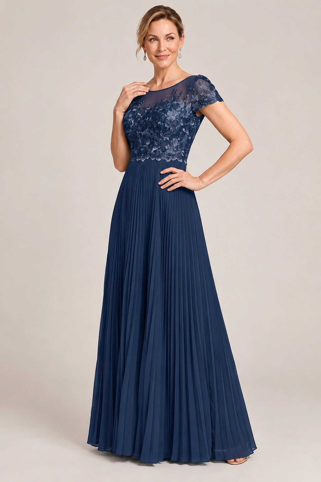 Embroidered Lace Pleated Mother of the Bride Dress