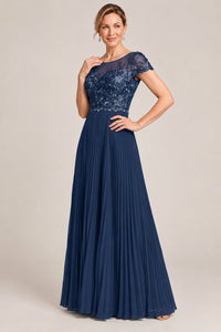 Embroidered Lace Pleated Mother of the Bride Dress