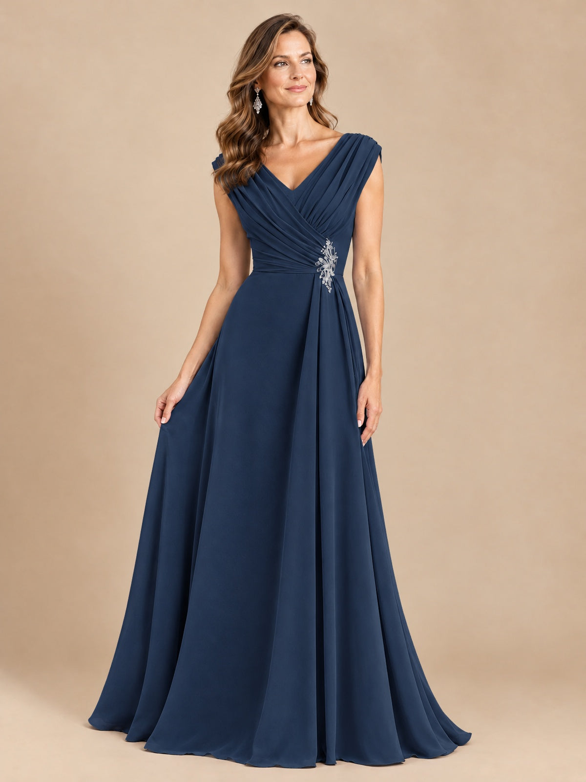 V Neck Pleated Mother of The Bride Dresses with Beading Cap Sleeves
