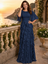 Elegant Chiffon Mother of the Bride Dress with Flutter Sleeves and Ruffle Skirt