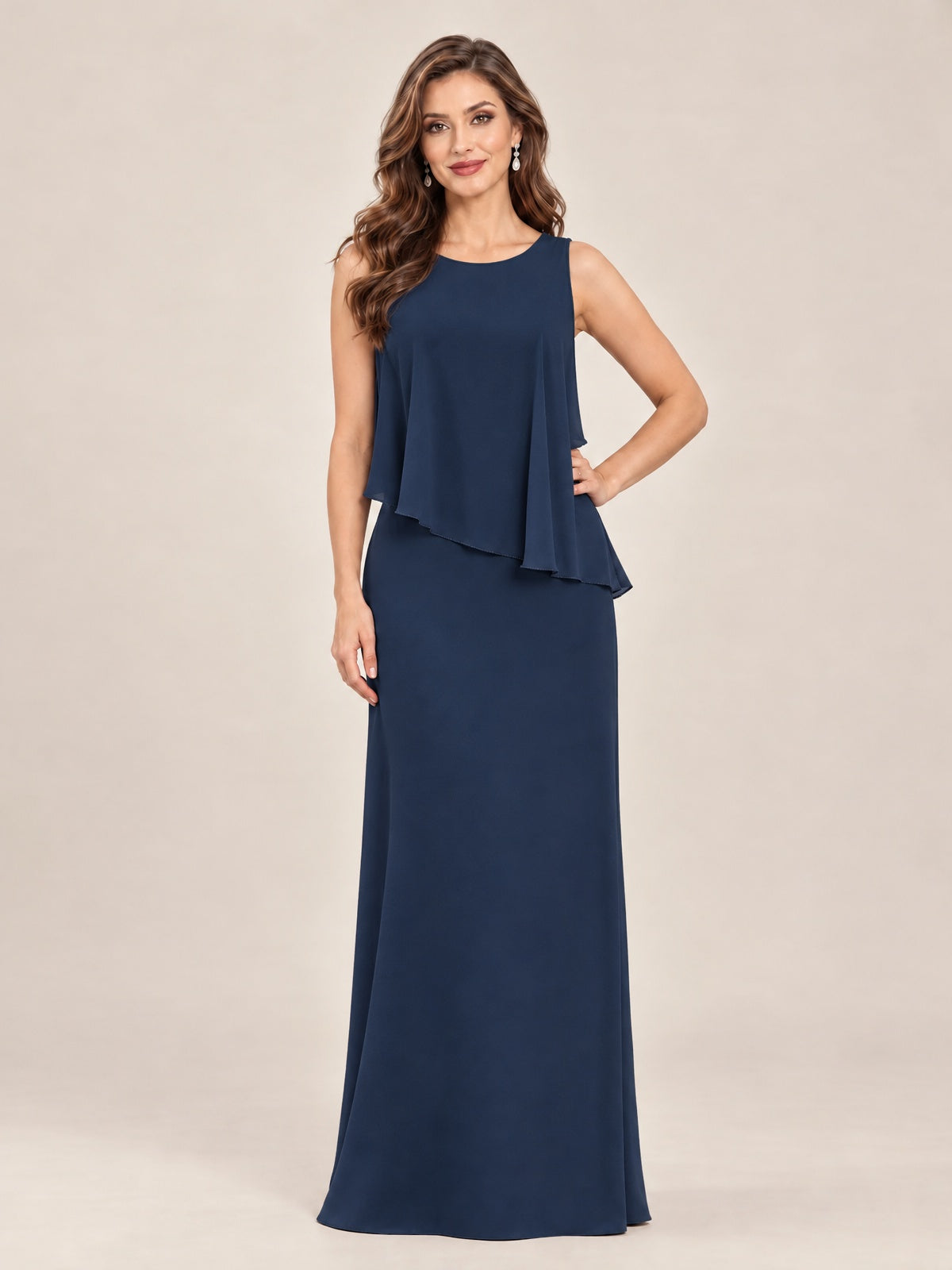 Cape Sleeve Mother of the Bride Dress with Asymmetrical Overlay