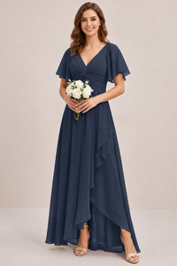 Dusty Blue Chiffon Bridesmaid Dress with Flutter Sleeves & High-Low Hem