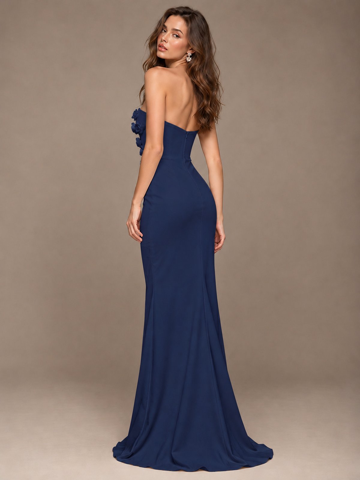 White Strapless Mermaid Maxi Dress with 3D Floral Appliques