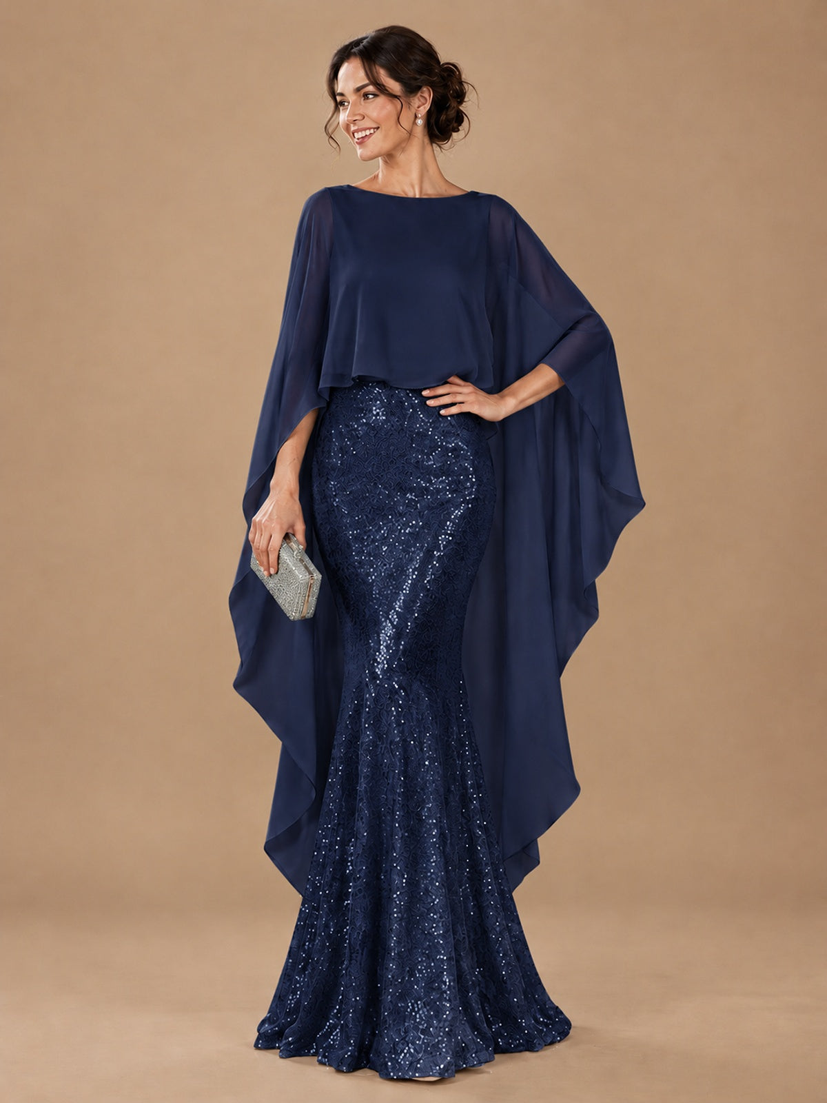 Sequin 2 Pieces Mother of the Bride Dress with Cap Sleeves Chiffon Formal Gowns