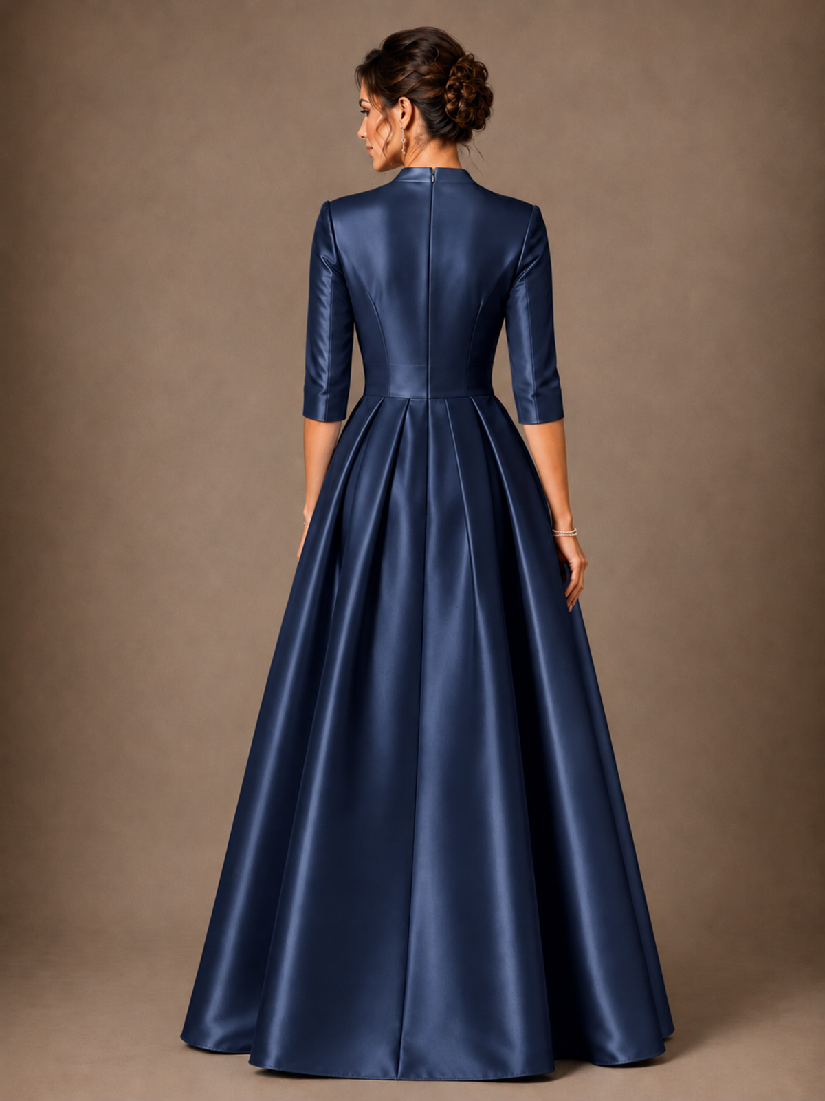 V-Neck Pleated Satin Mother of the Bride Gown with 3/4 Sleeves