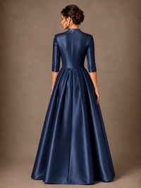 V-Neck Pleated Satin Mother of the Bride Gown with 3/4 Sleeves