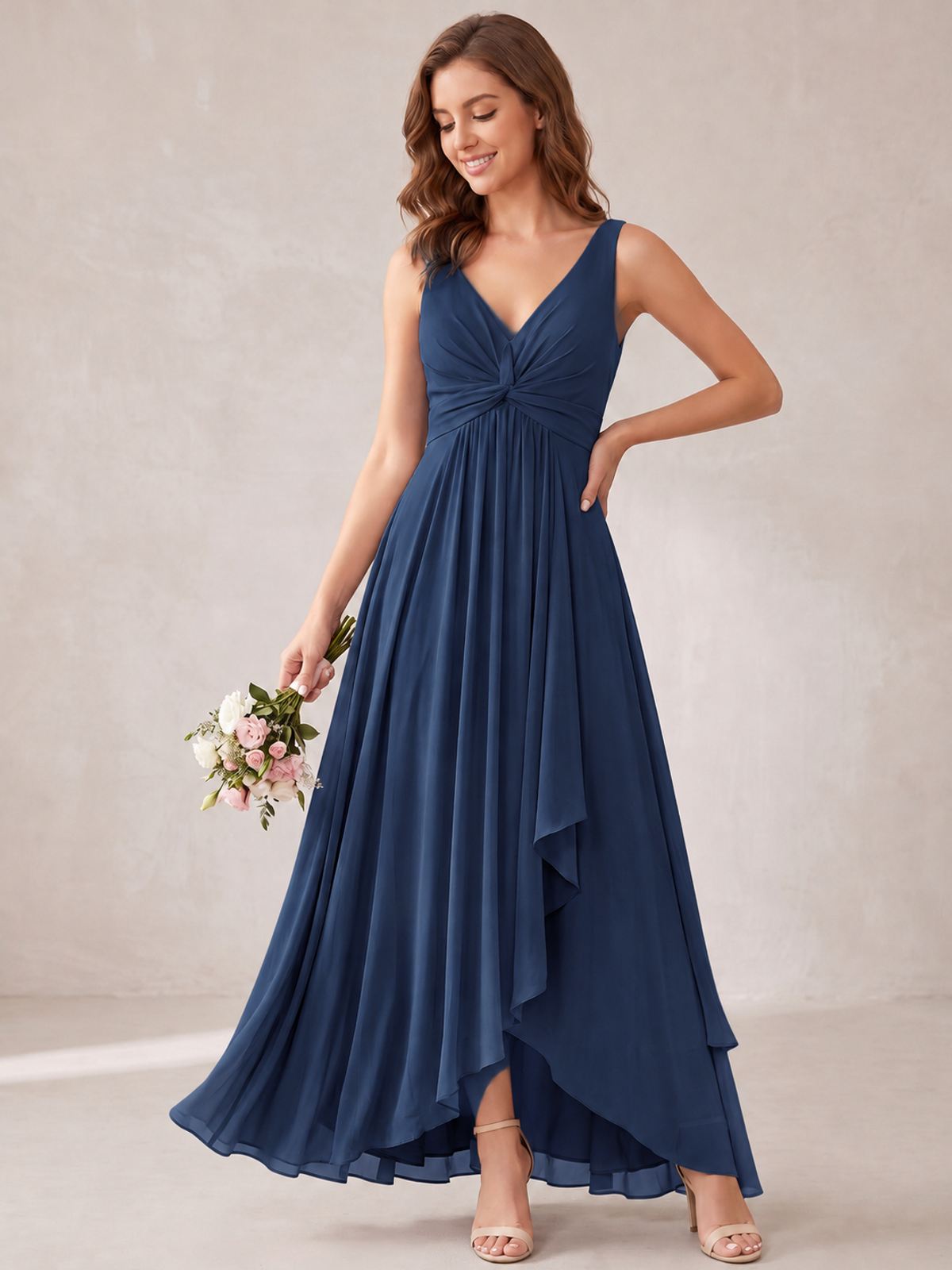 V-Neck High-Low Chiffon Bridesmaid Dress with Ruffles