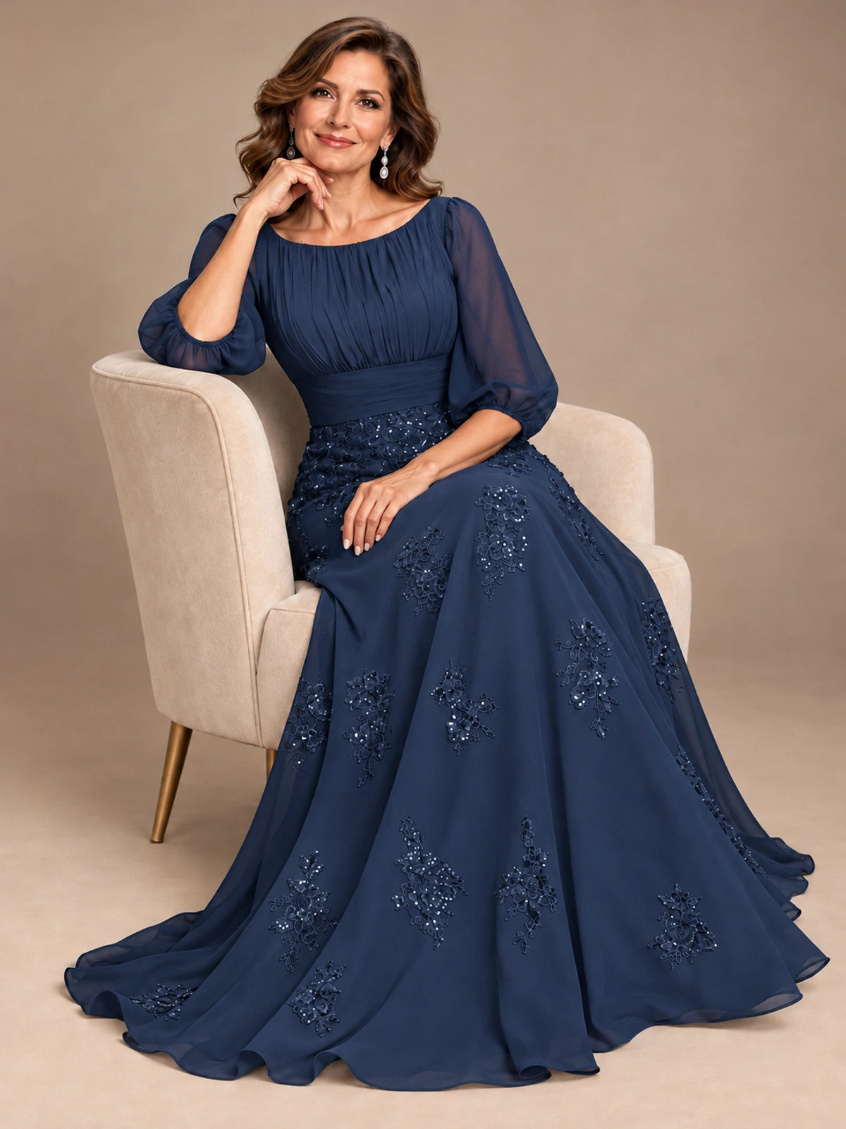 A-Line Mother of the Bride Dress with Sheer Puff Sleeves