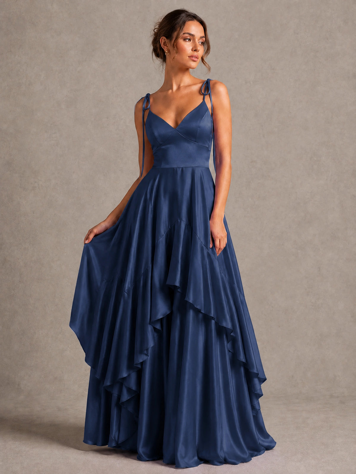 Lavender Satin V-Neck Ruffle Maxi Dress