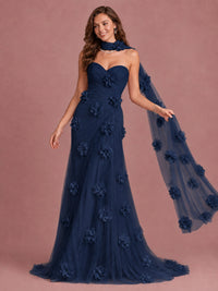 Blush Pink Strapless Sweetheart 3D Floral Tulle Mermaid Prom Dress