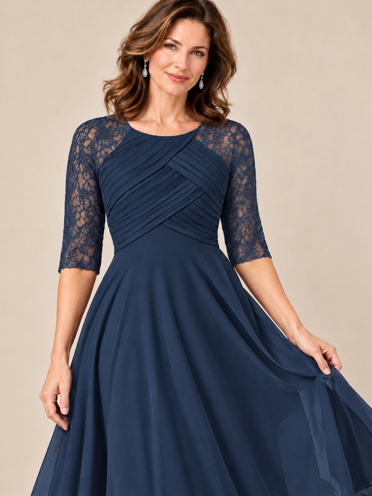Tea-Length Mother of the Bride Dress with Lace 3/4 Sleeves