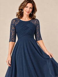 Tea-Length Mother of the Bride Dress with Lace 3/4 Sleeves
