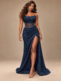 Gold Sequin Strapless Corset Prom Dress with High Slit