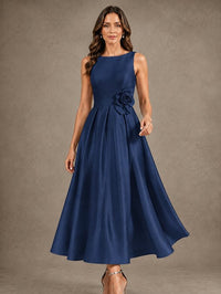 Tea-Length Satin Mother of the Bride Dress with 3D Flower Detail