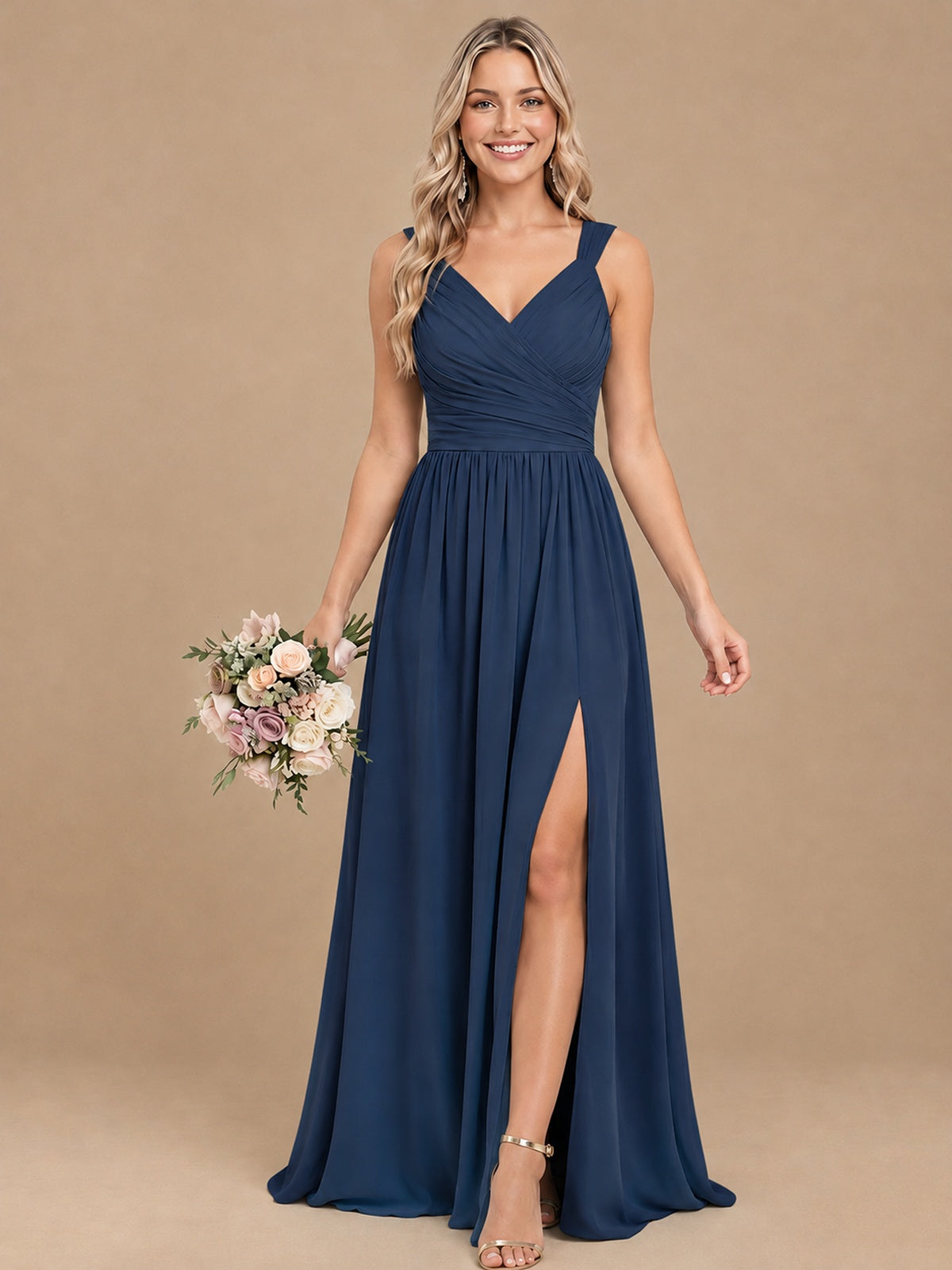 Pleated Chiffon V Neck Wedding Bridesmaid Dresses Floor Length with Slit