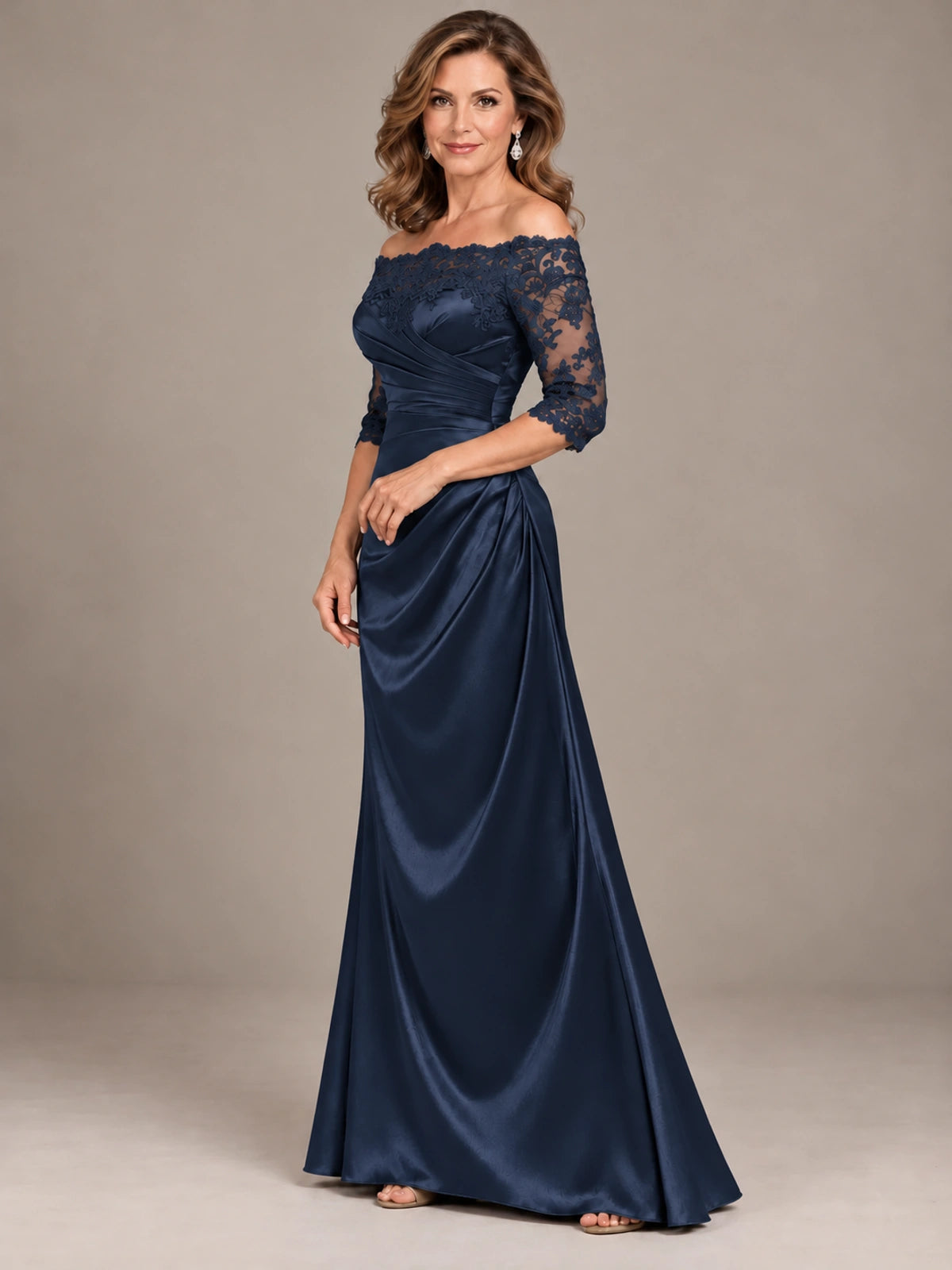 Satin Mother of the Bride Dress with Lace Sleeves Off Shoulder Formal Gown