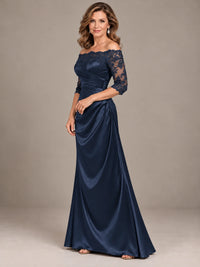 Satin Mother of the Bride Dress with Lace Sleeves Off Shoulder Formal Gown