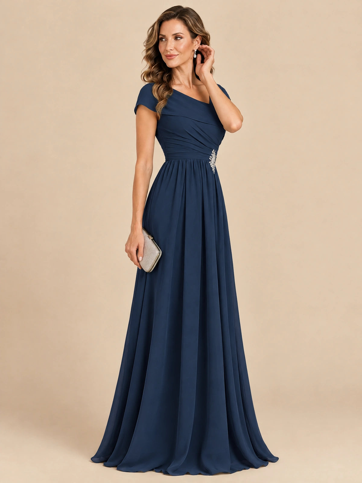 Cap Sleeve Mother of The Bride Dresses Long Chiffon Formal Gowns