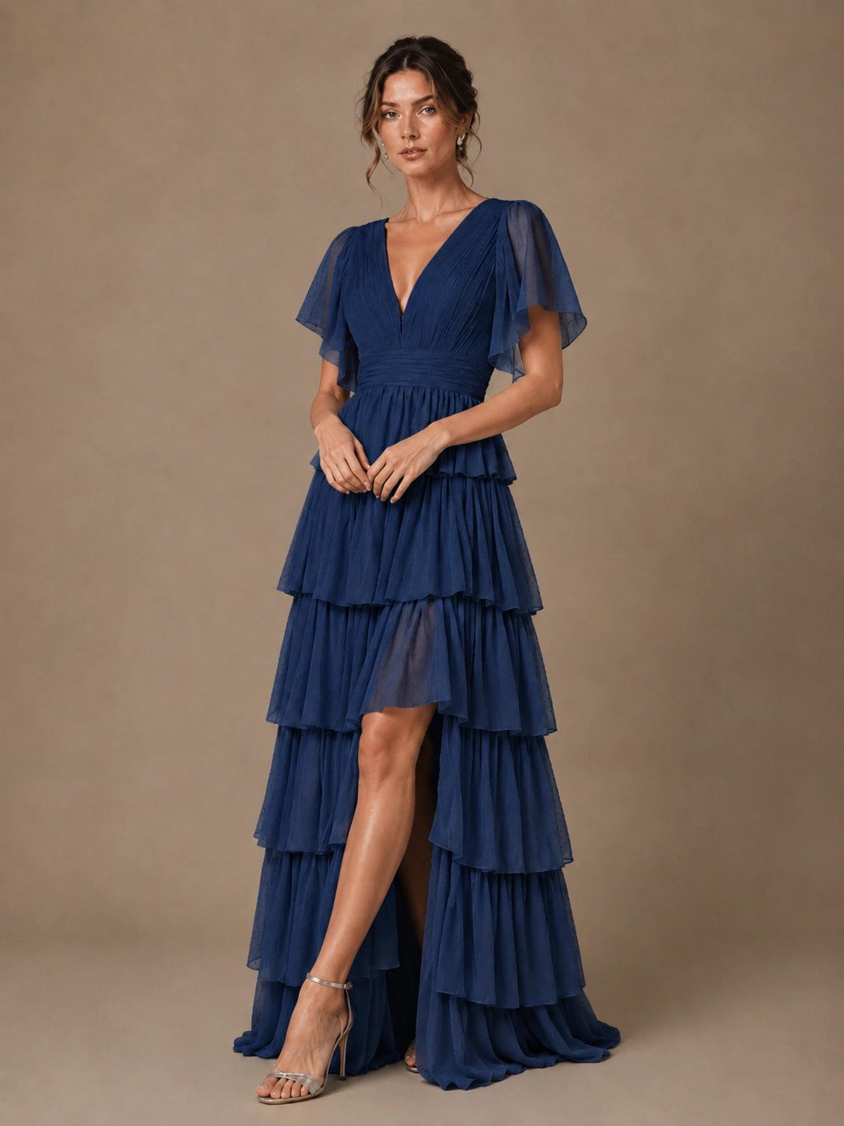 Chiffon V-Neck Tiered Ruffle Bridesmaid Dress with Slit