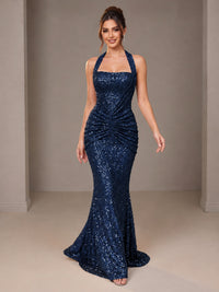 Gold Halter Sequin Mermaid Ruched Prom Dress Long Ruched Evening Gown