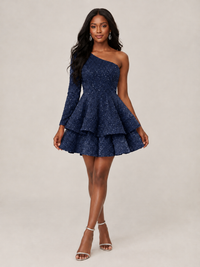 Puffy One Shoulder Sequin Tiered Mini Dress