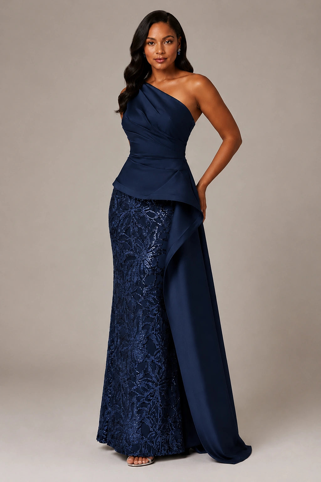 One-Shoulder Mother of the Bride Dress with Sequin Skirt and Peplum