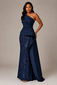 One-Shoulder Mother of the Bride Dress with Sequin Skirt and Peplum