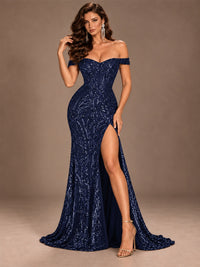 Off the Shoulder Corset Sequin Mermaid Prom Dress with Slit