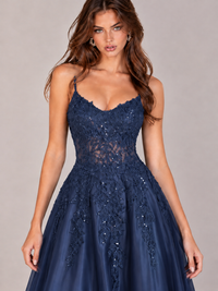 Lace Applique Satin A-Line Prom Dress with Sheer Bodice