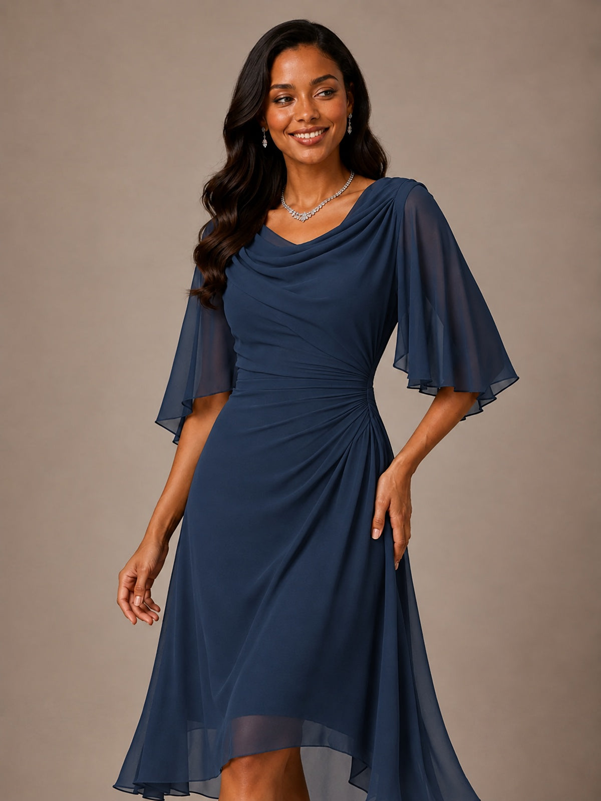 Cowl Neck Ruched Chiffon Mother of the Bride Dresses with Flutter Sleeves