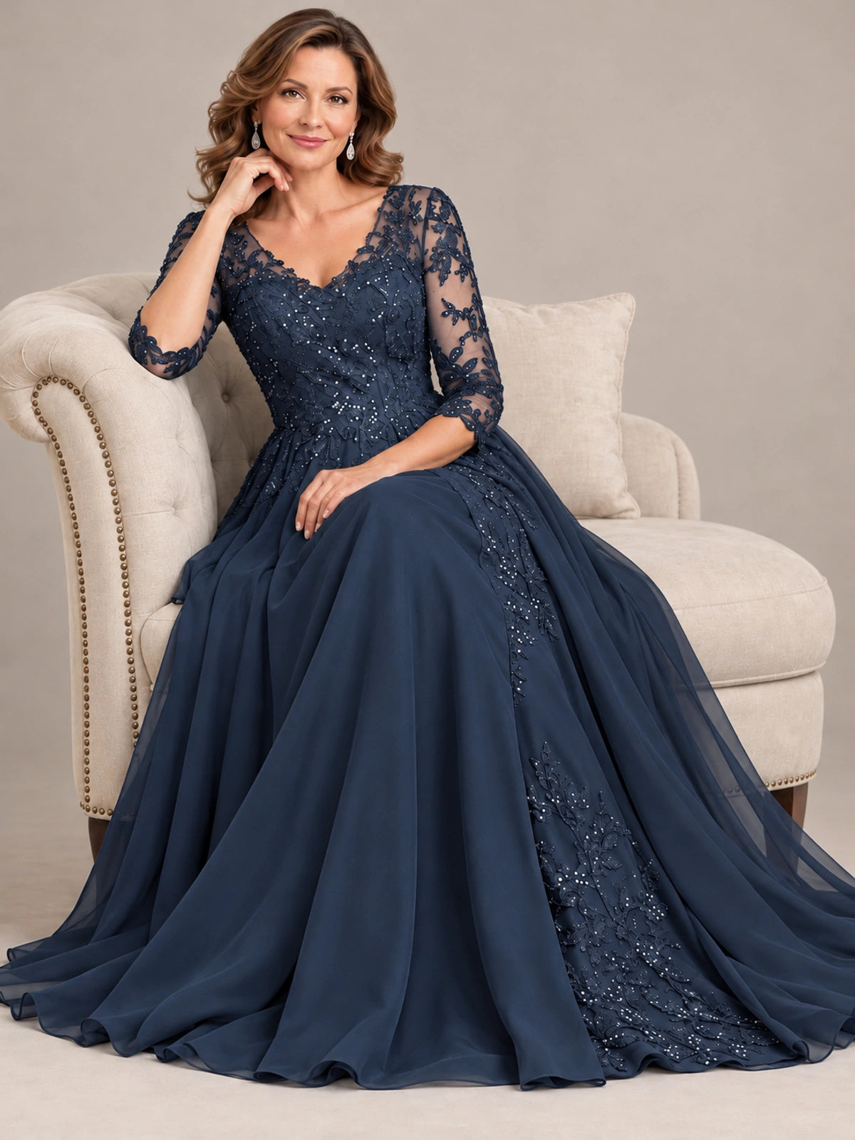 Sequin Lace A-Line Mother of the Bride Dress with 3/4 Sleeves