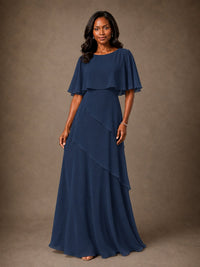 Taupe Chiffon A-Line Mother of the Bride Dress with Cape Sleeves